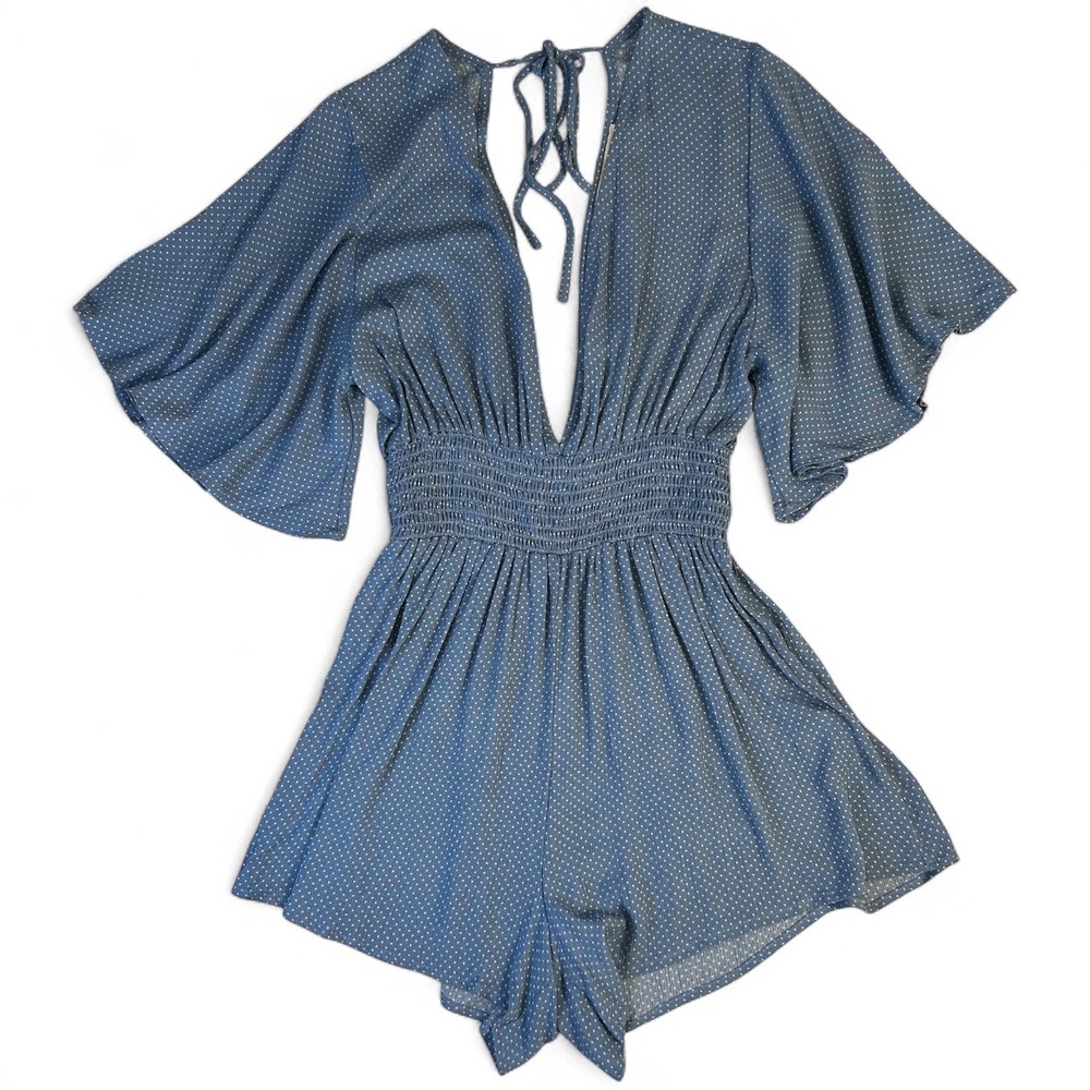 Audrey 3+1 Blue Polka Dot Romper Flutter Sleeve Smocked Waist Deep V Tie Back S